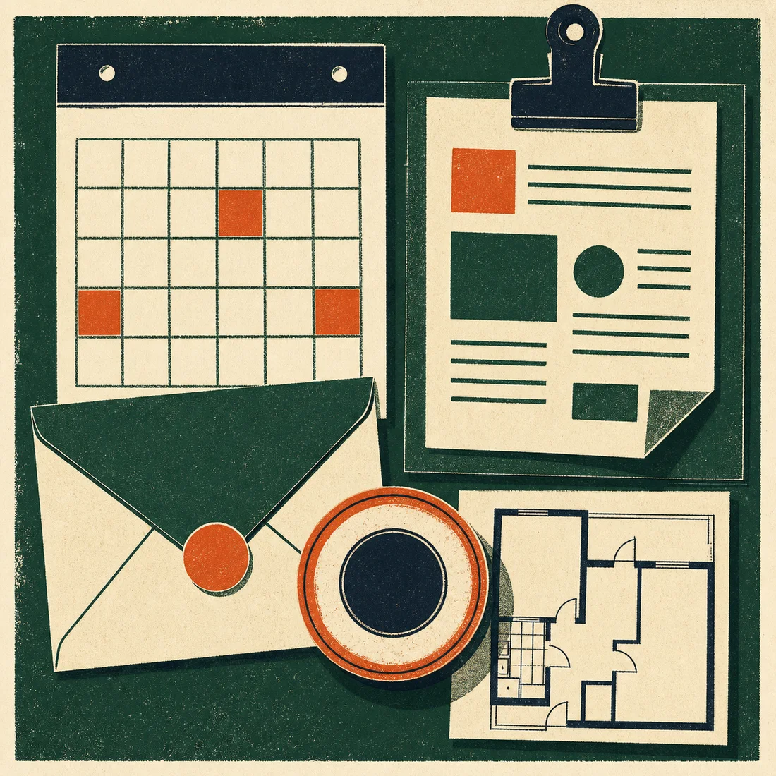 Illustrated rent notice, calendar, envelope, and property record